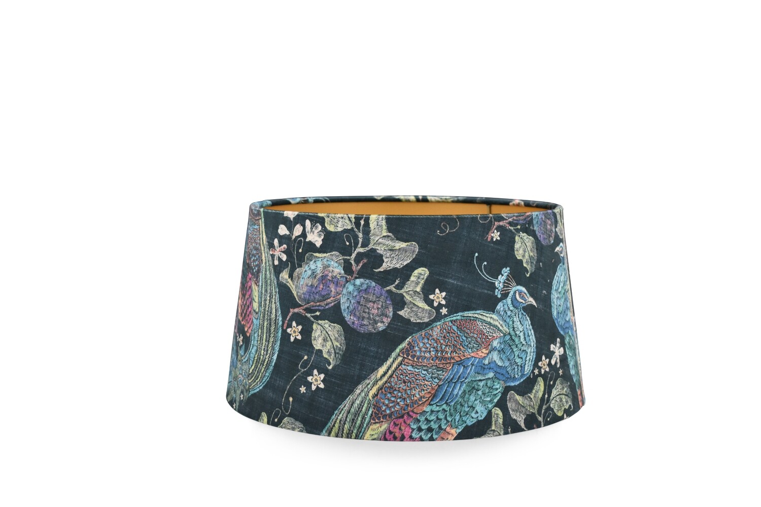 Velvet Bird lampenkap - patroon met pauw & botanische motieven op donker groen fluweel met goud - ronde kap van stof - ø 40/32 cm