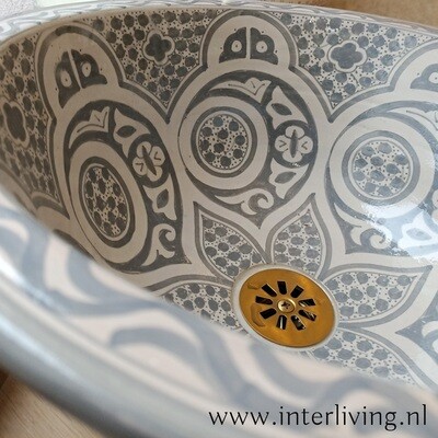 Marokkaanse waskom "Fonteinkom Fez" grijs geschilderde patronen op wit "L70" - groot rond model van aardewerk (opbouw) wasbak Ø 40 cm - Boho badkamer
