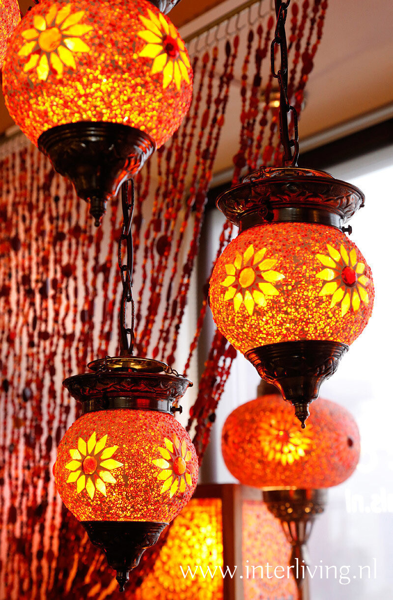 hanglamp met 5 bollen mozaïek & kralen rood/oranje