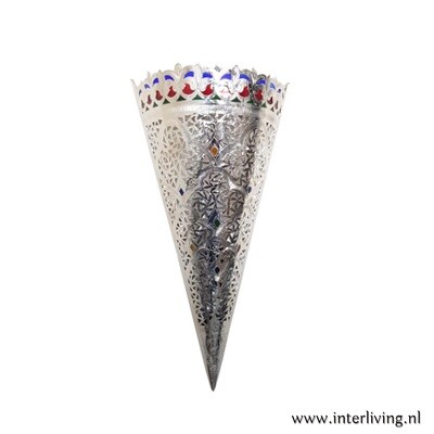 Wandlamp Wandlamp "Nuri" in zilver kleur filigrain - Marokkaanse Riad wandlamp met Marokkaanse jali patronen - handgemaakt langwerpig kegel model - Boho chic 1001-nacht "torch"
