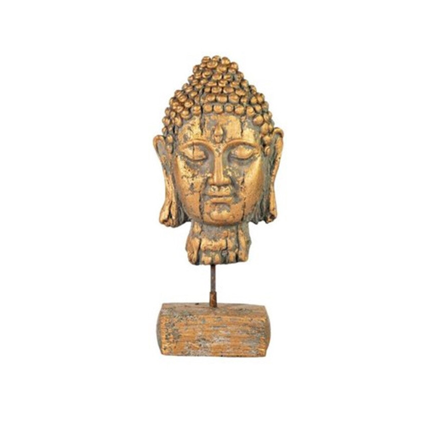 Mooi boeddha hoofd of buste op statief, gemaakt van steen.