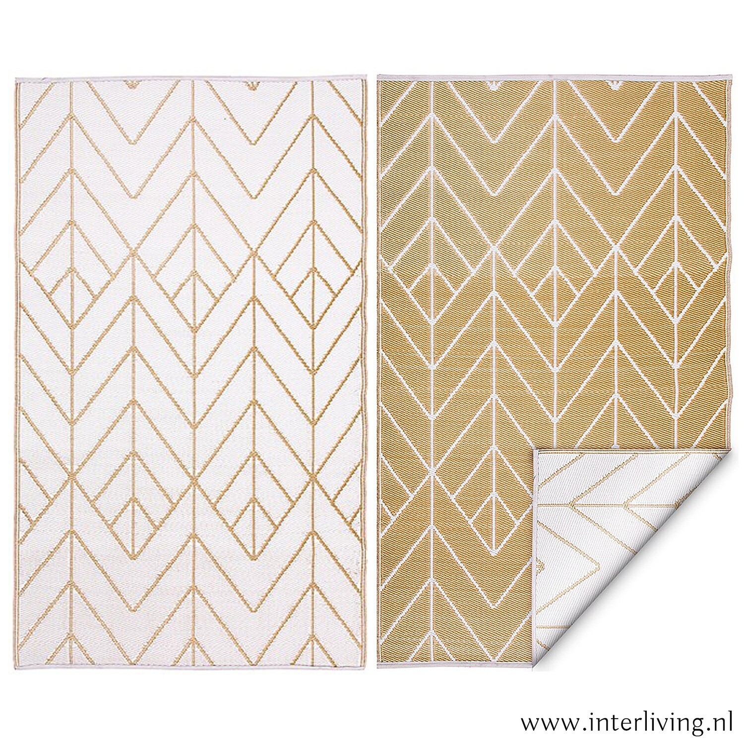 binnen & buiten vloerkleed in crème wit - goud tinten met ruit patroon -  oosterse visgraat patroon (eco recycled plastic) omkeerbaar / tweezijdig