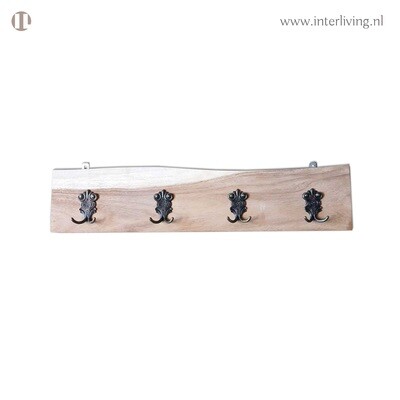 kapstok wand met 4 luxe dubbele metalen haken - boom stuk van massief suar hout