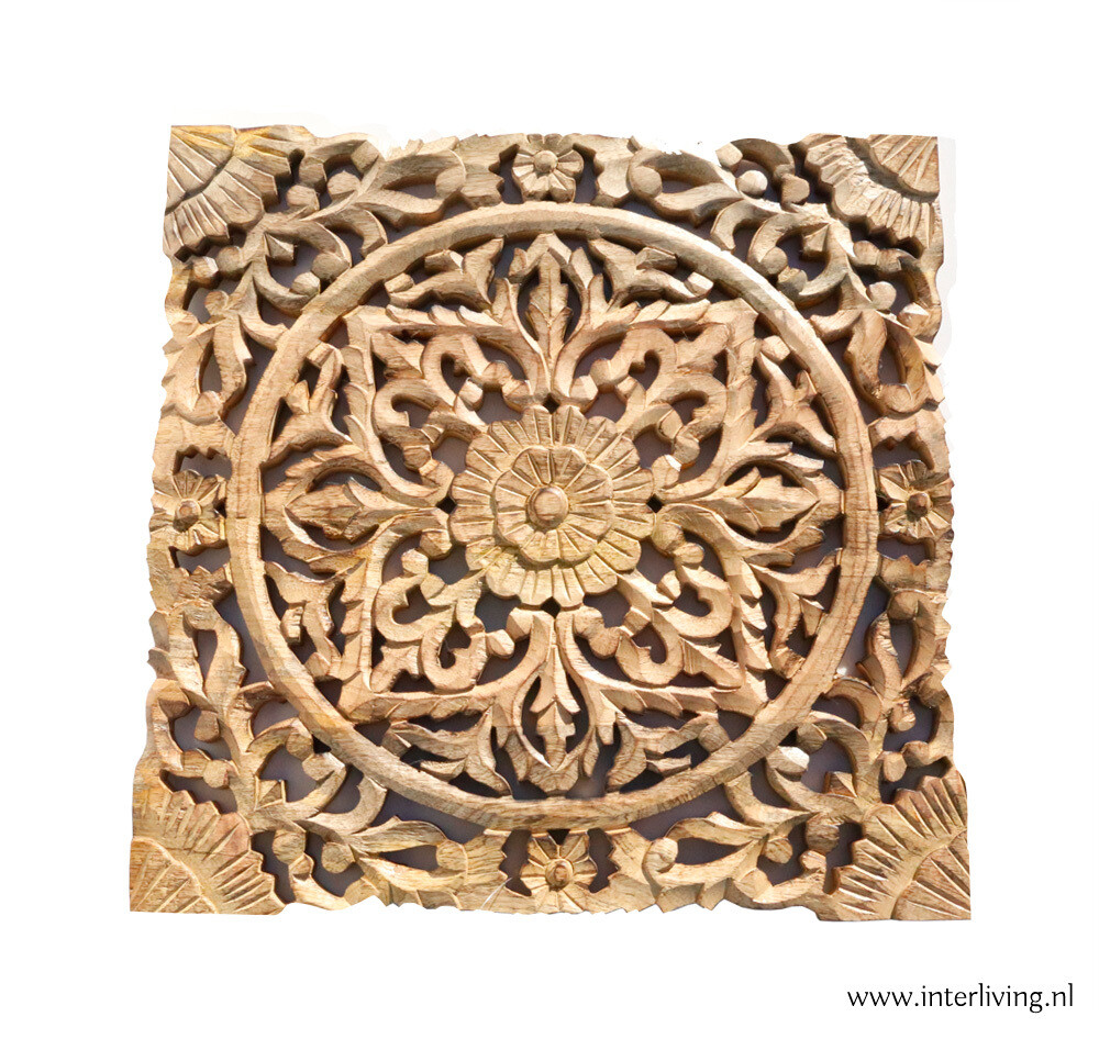 Normaal gesproken labyrint uitgehongerd lotus mandala wandpaneel van massief mangohout - houtsnijwerk muurdecoratie