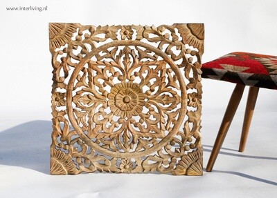 lotus mandala wandpaneel van massief mangohout - houtsnijwerk muurdecoratie