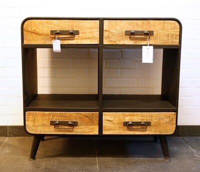 industriële sidetable of retro dressoir: zwart metaal / mangohout / vier laden / ronde hoeken industriële sidetable of retro dressoir: zwart metaal / mangohout / vier laden / ronde hoeken