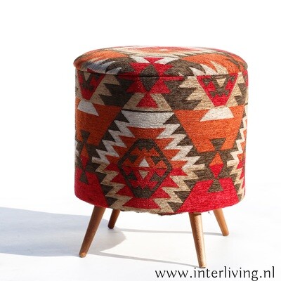 vintage ronde opberg kruk / retro Deens model met kelim rood / hout bruin