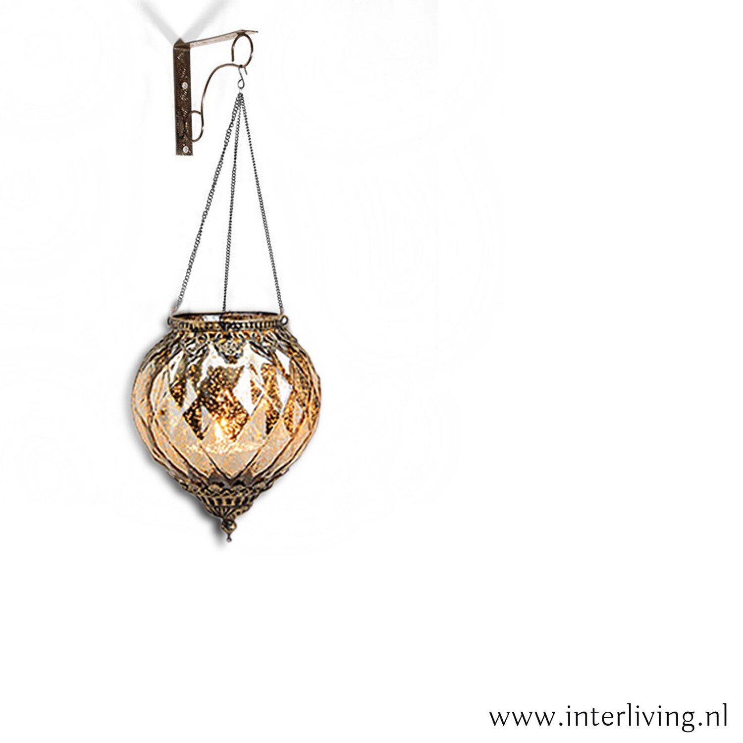 hangende waxinehouder XL van vintage goudkleurig glas met brass metaal - Boho chic windlicht uit Marokko