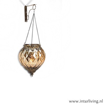 hangende waxinehouder XL van vintage goudkleurig glas met brass metaal - Boho chic windlicht uit Marokko