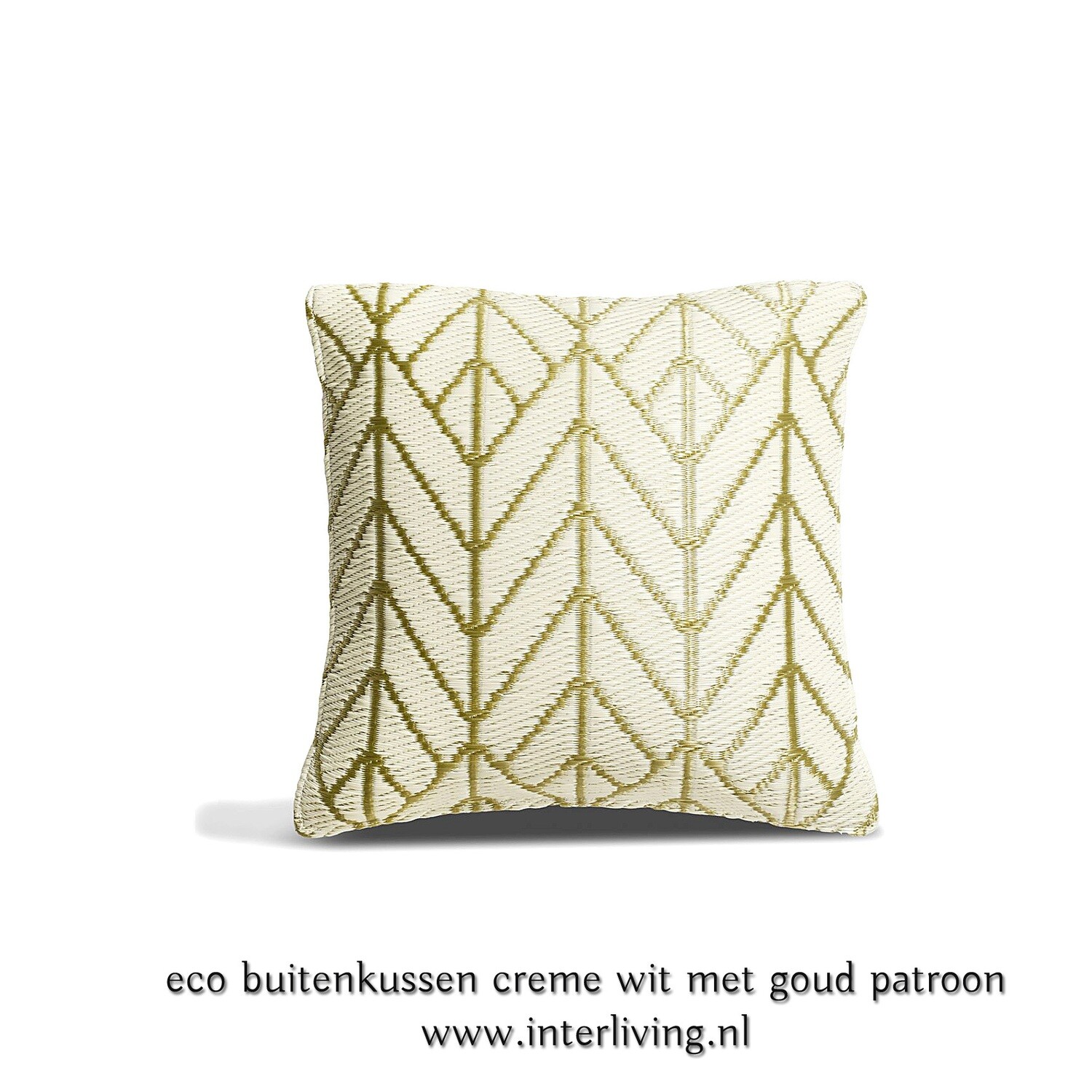 buitenkussen van plastic soda flessen - 51 x 51 cm - creme wit met goud patroon - outdoor eco design voor de tuinbank & loungehoek