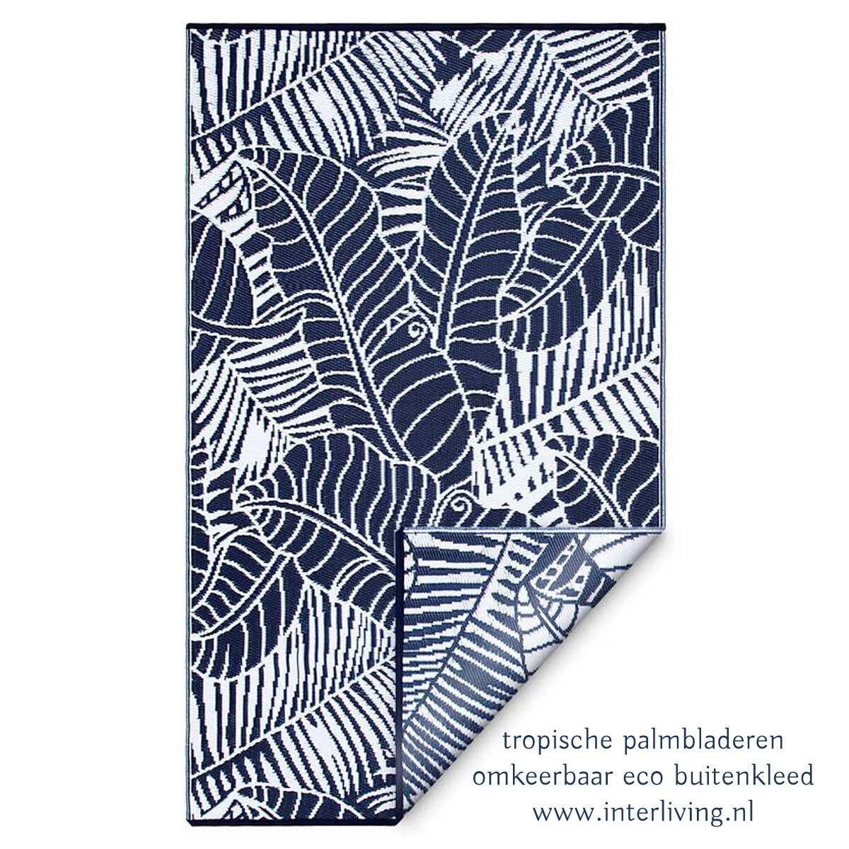 binnen & buiten vloerkleed tropisch palmbladeren patroon - navy blauw wit - omkeerbaar eco design van 100% gerecycled plastic tuinkleed / fair trade & Goodwave