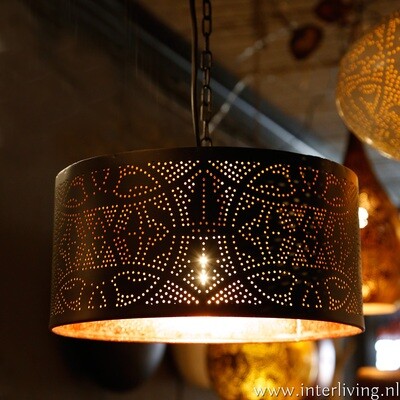 lampenkap Ø 40 cm Filigrain zwart & vintage koper binnenkant - model cilinder hanglamp / open onderkant & bovenkant dicht - scandi bo style