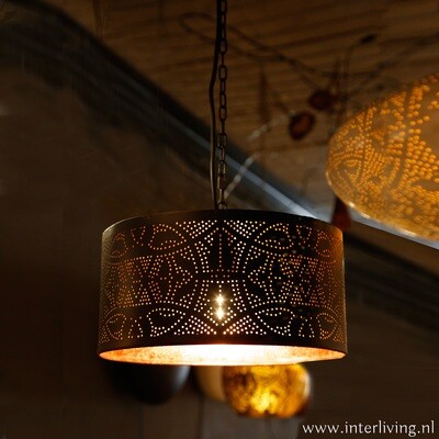 lampenkap Filigrain - zwart model cilinder hanglamp met open onderkant -binnenkant vintage koper Ø 30 cm / 20 cm hoog & bovenkant dicht - scandi bo stijl lampenkap Filigrain - zwart model cilinder hanglamp met open onderkant -binnenkant vintage koper Ø 30 cm / 20 cm hoog & bovenkant dicht - scandi bo stijl