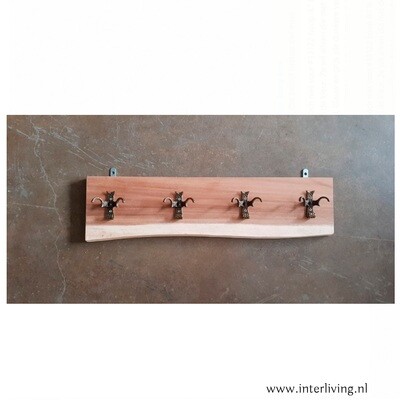 kapstok wand met 4 luxe dubbele metalen haken - boom stuk van massief suar hout