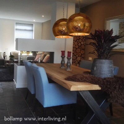 Hanglamp bol filigrain-stijl XL metaal vintage goud finish met binnenkant goudkleurig