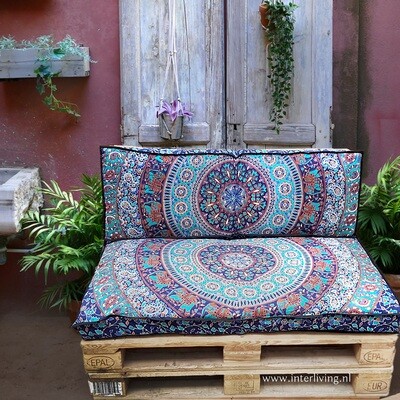 set Indiase kussenhoezen voor (euro) palletkussens - mandala print met Ganesha in de kleur aqua, bruin en blauw tinten set Indiase kussenhoezen voor (euro) palletkussens - mandala print met Ganesha in de kleur aqua, bruin en blauw tinten