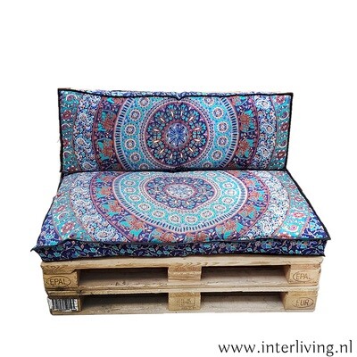 set Indiase kussenhoezen voor (euro) palletkussens - mandala print met Ganesha in de kleur aqua, bruin en blauw tinten