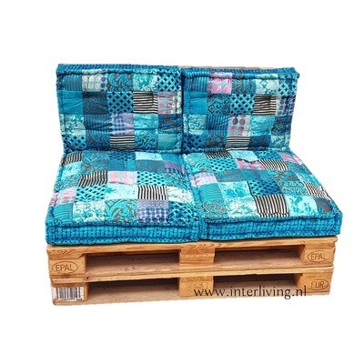 Palletkussen set Ibiza blue - aqua &amp; blauw tinten velvet bont patchwork - fluwelen lounge zitkussen - Oriëntal chic handgemaakt uit India