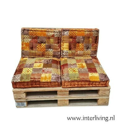 Palletkussen set luxe Boho chic - velvet goud / bruin / oker gekleurd patchwork fluweel loungekussens - Oriëntal chic handgemaakt uit India