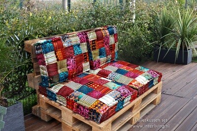 Palletkussen set Hippie chic van bont gekleurd fluweel patchwork - velvet loungekussens - Oriëntal chic handgemaakt uit India