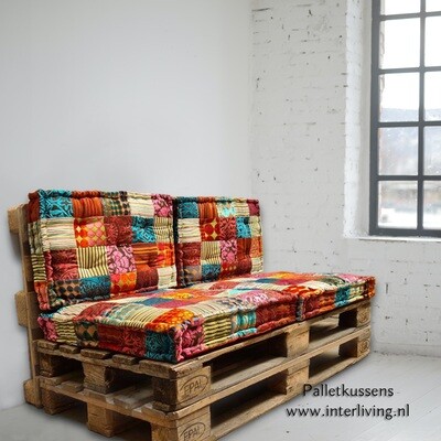 Palletkussen set Hippie chic van bont gekleurd  fluweel patchwork - velvet loungekussens - Oriëntal chic handgemaakt uit India