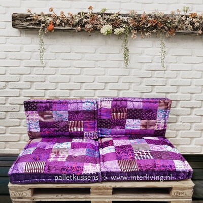 Palletbankkussens - velvet paars gekleurd patchwork met aqua en rose tinten fluweel - handgemaakte loungekussen set uit India