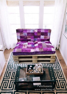 Palletbankkussens - velvet paars gekleurd patchwork met aqua en rose tinten fluweel - handgemaakte loungekussen set uit India