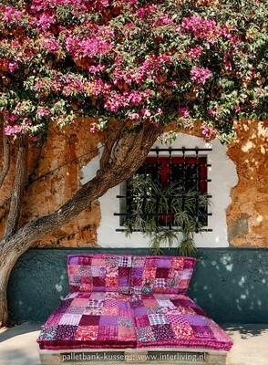 Palletkussen set - velvet roze gekleurd patchwork met aqua en paars tinten fluweel - handgemaakte loungekussen set - Oriëntal chic uit India