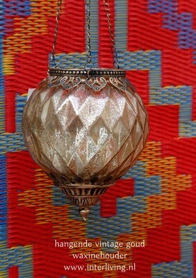 hangende waxinehouder XL van vintage goudkleurig glas met brass metaal - Boho chic windlicht uit Marokko
