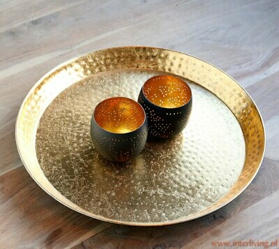Boho chic rond dienblad - Ø 30 cm/ Ø  60 cm of set - vintage goud hamerslag patronen -  bewerkt metaal met mat zwarte onderkant en bescherm nopjes