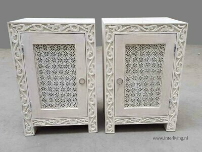 nachtkastje mangohout - white washed - houtsnijwerk met mozaïek flower design