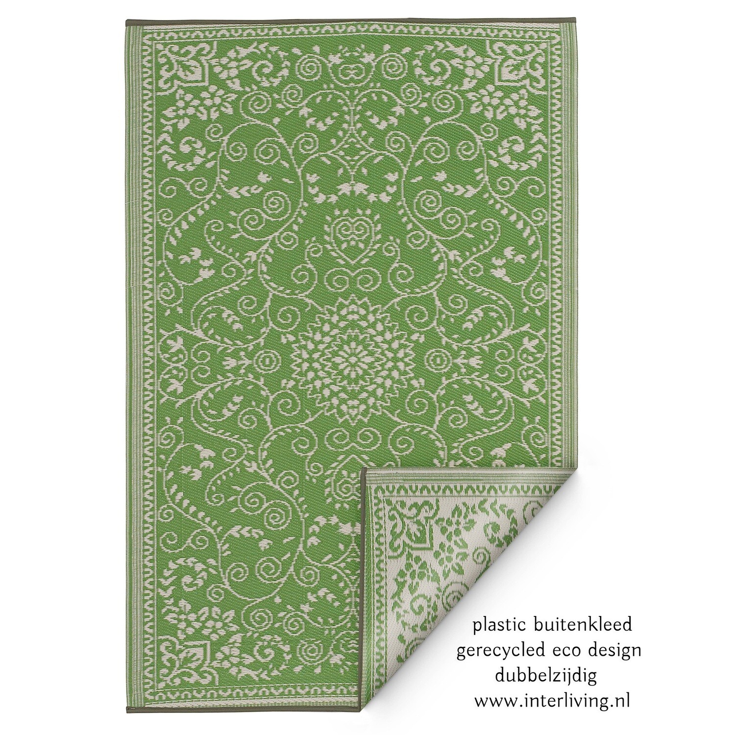binnen & buiten vloerkleed - botanisch patroon- fris groen & crème wit - eco recycled plastic tuinkleed in S / M / L / XL  - dubbelzijdig