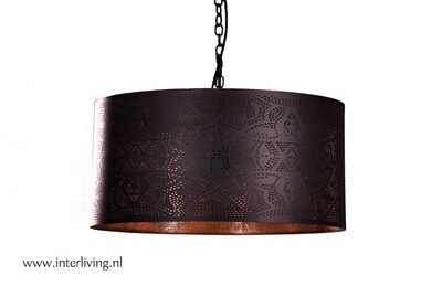 lampenkap Filigrain - zwart model cilinder hanglamp met open onderkant -binnenkant vintage koper Ø 30 cm / 20 cm hoog & bovenkant dicht - scandi bo stijl