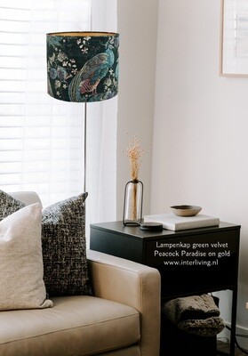 Velvet Bird lampenkap - patroon met pauw &amp; botanische motieven op donker groen fluweel met goud - ronde kap van stof - cilinder