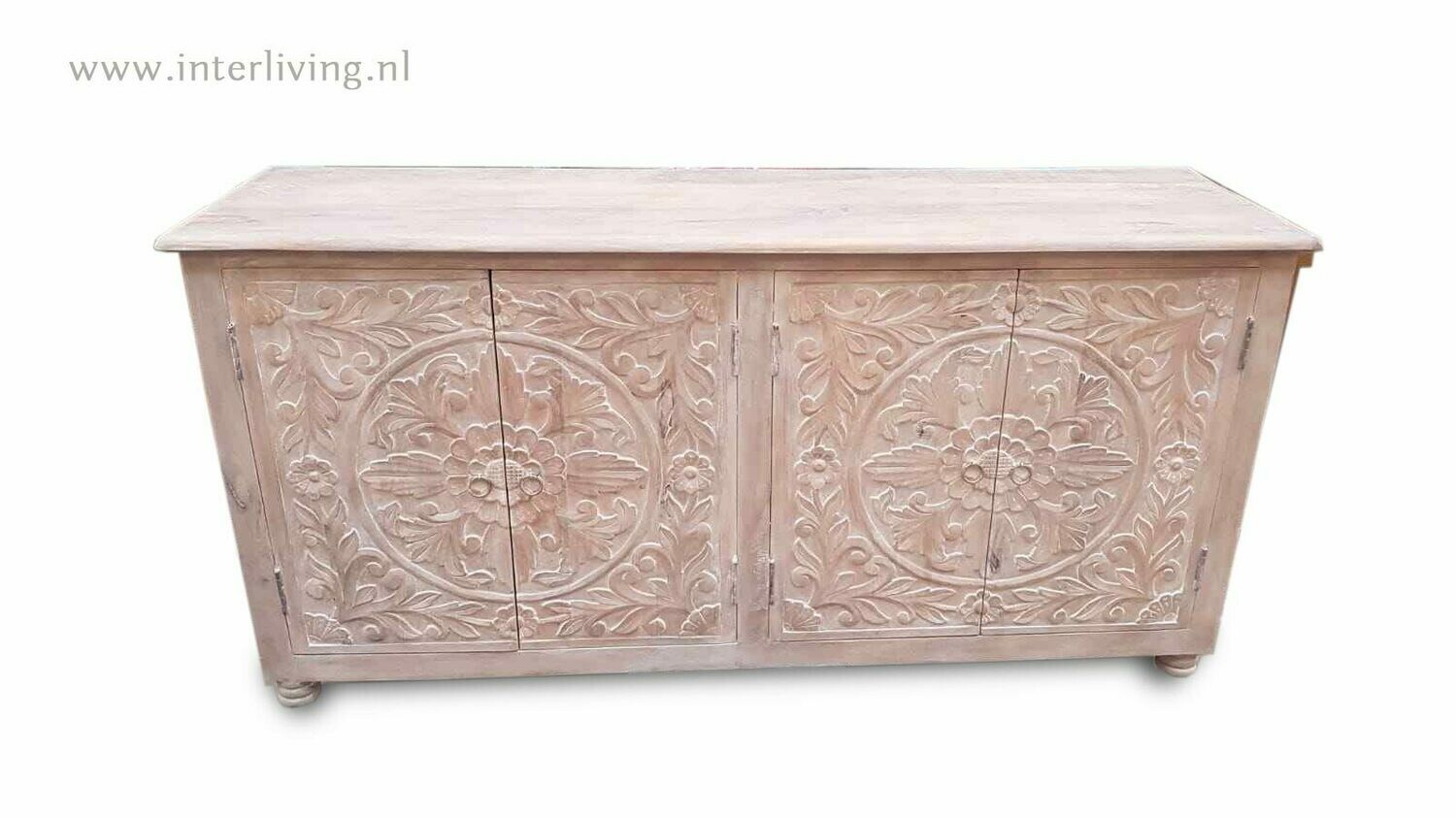 Dressoir "ibiza washed" mangohout met lotus houtsnijwerk 150 x 76 x 40 cm