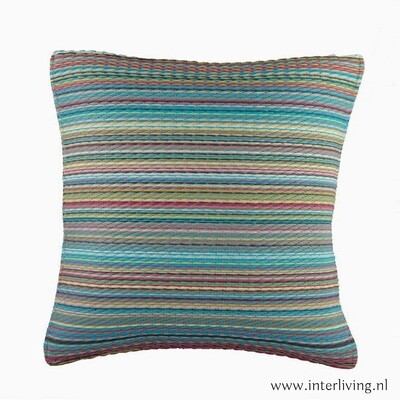 buitenkussen vrolijke gekleurd streepjes in "candy colors" patroon van duurzaam gerecycled eco plastic - roze /grijs/ aqua / blauw / wit