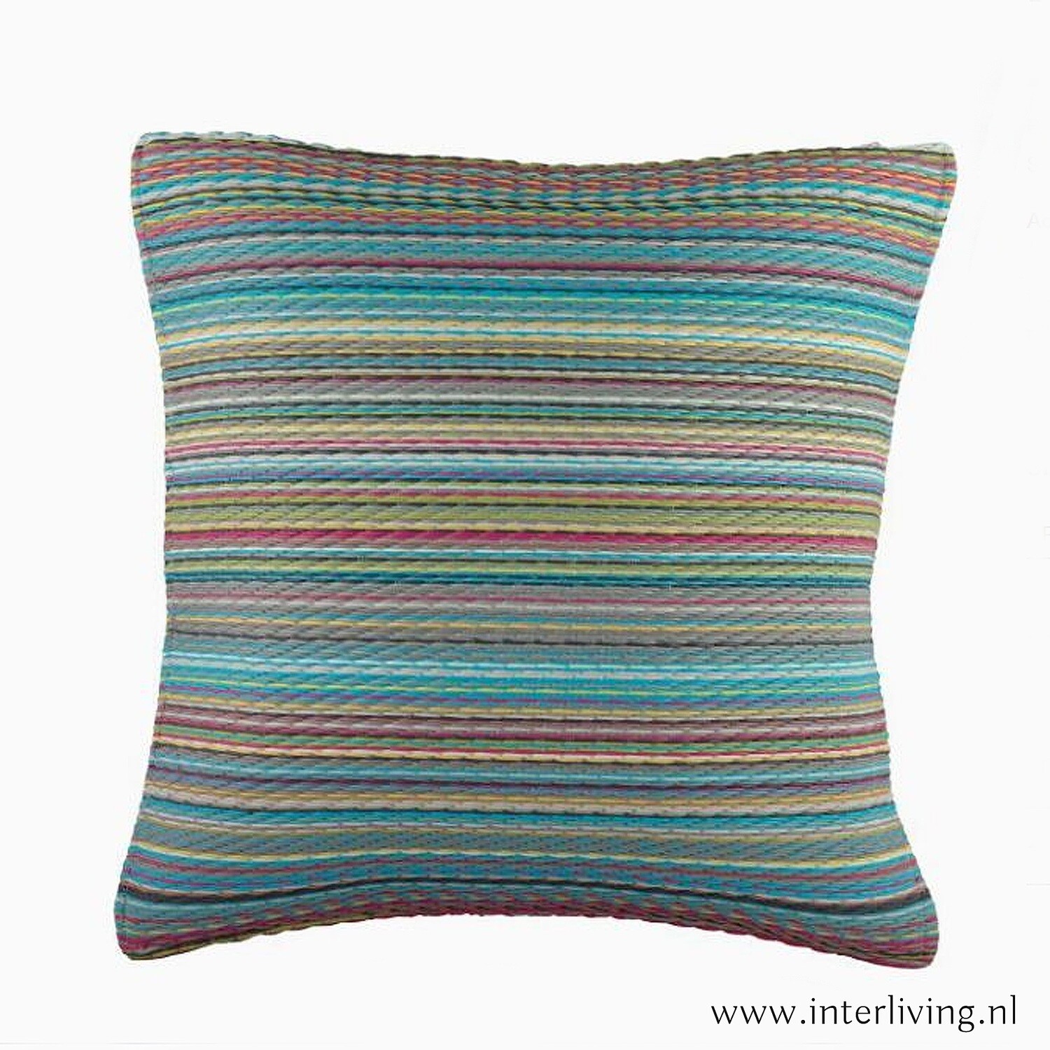 buitenkussen vrolijke gekleurd streepjes in "candy colors" patroon van duurzaam gerecycled eco plastic - roze /grijs/ aqua / blauw / wit, maat: 42 x 42 cm