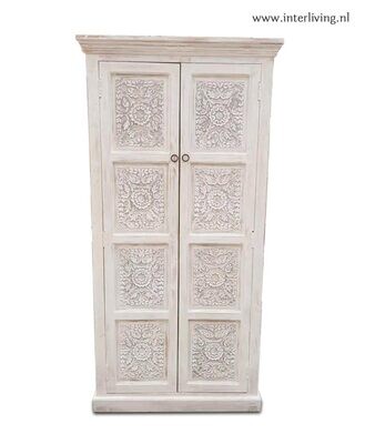Ibiza kast van hout met lotus houtsnijwerk uit India - 180 cm hoog / 90 cm breed / 40 cm diep - 8 panelen met houtsnijwerk - white washed finish met 2 deuren Ibiza kast van hout met lotus houtsnijwerk uit India - 180 cm hoog / 90 cm breed / 40 cm diep - 8 panelen met houtsnijwerk - white washed finish met 2 deuren