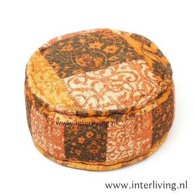 Poef vintage kelim design tapijt stof - Marokkaans / Turkse stijl in oranje / warm geel / wit en bruin print - rond model oosterse ottoman