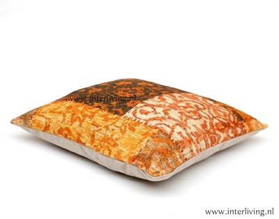 Sierkussen vintage kelim design stof - oranje met warm geel en bruin 50 cm