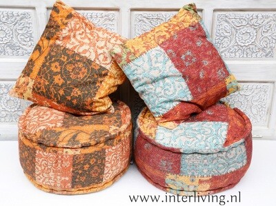 Sierkussen vintage kelim patchwork design stof- warm rood met aqua blauw, oranje en geel - vierkant model groot: 50 cm