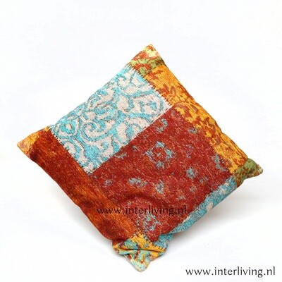 Sierkussen vintage kelim patchwork design stof- warm rood met aqua blauw, oranje en geel - vierkant model groot: 50 cm