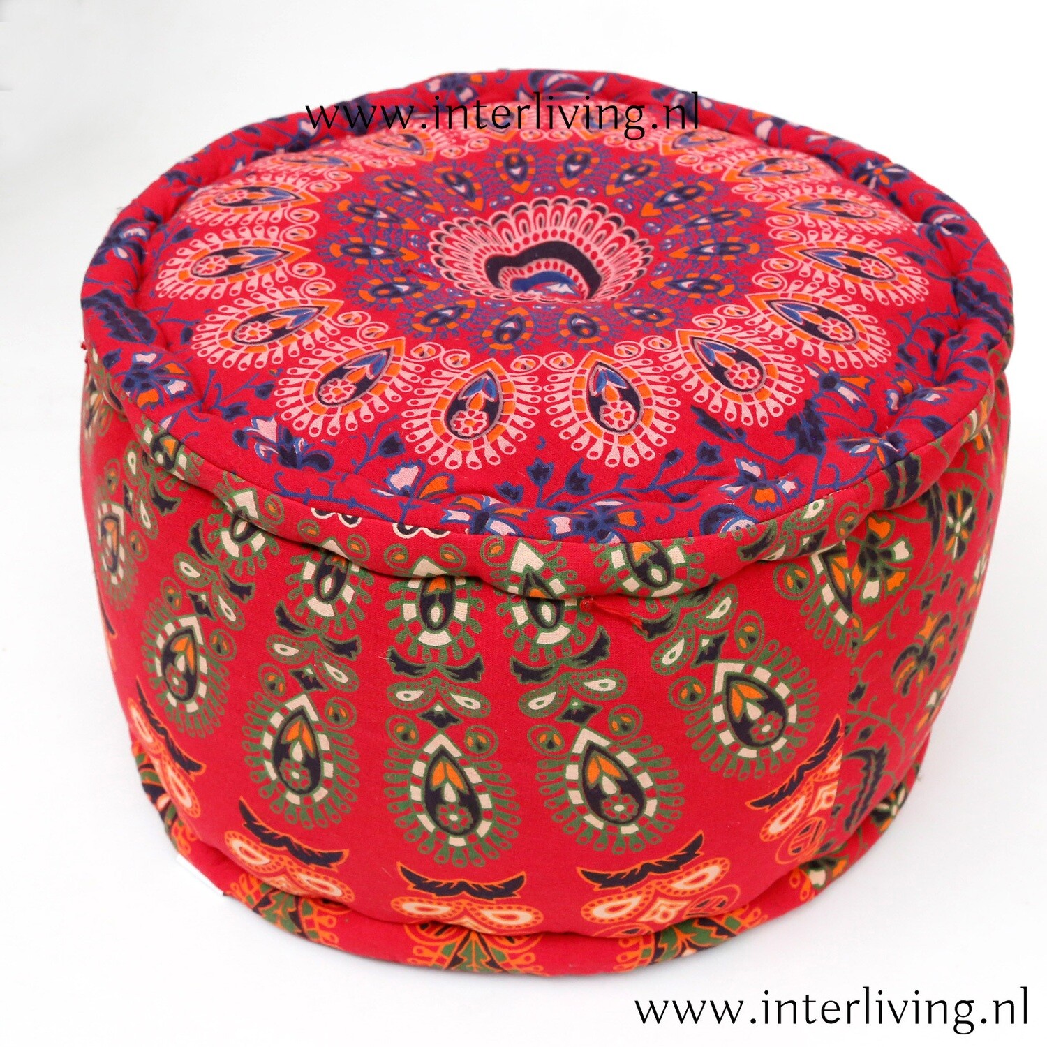 Bohemian poef mandala rood - rond stevig hoog zitkussen / voetenbankje