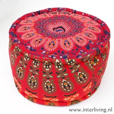 Bohemian poef mandala rood - rond stevig hoog zitkussen / voetenbankje