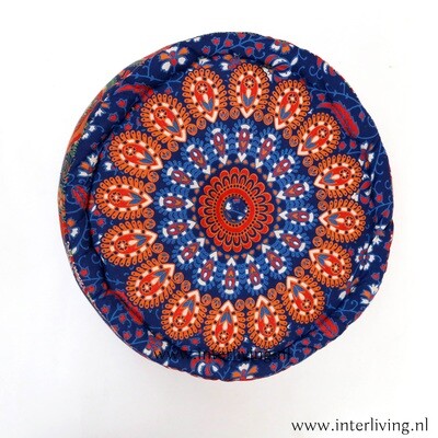 Bohemian poef mandala blauw - rond stevig hoog zitkussen / bijzet bankje