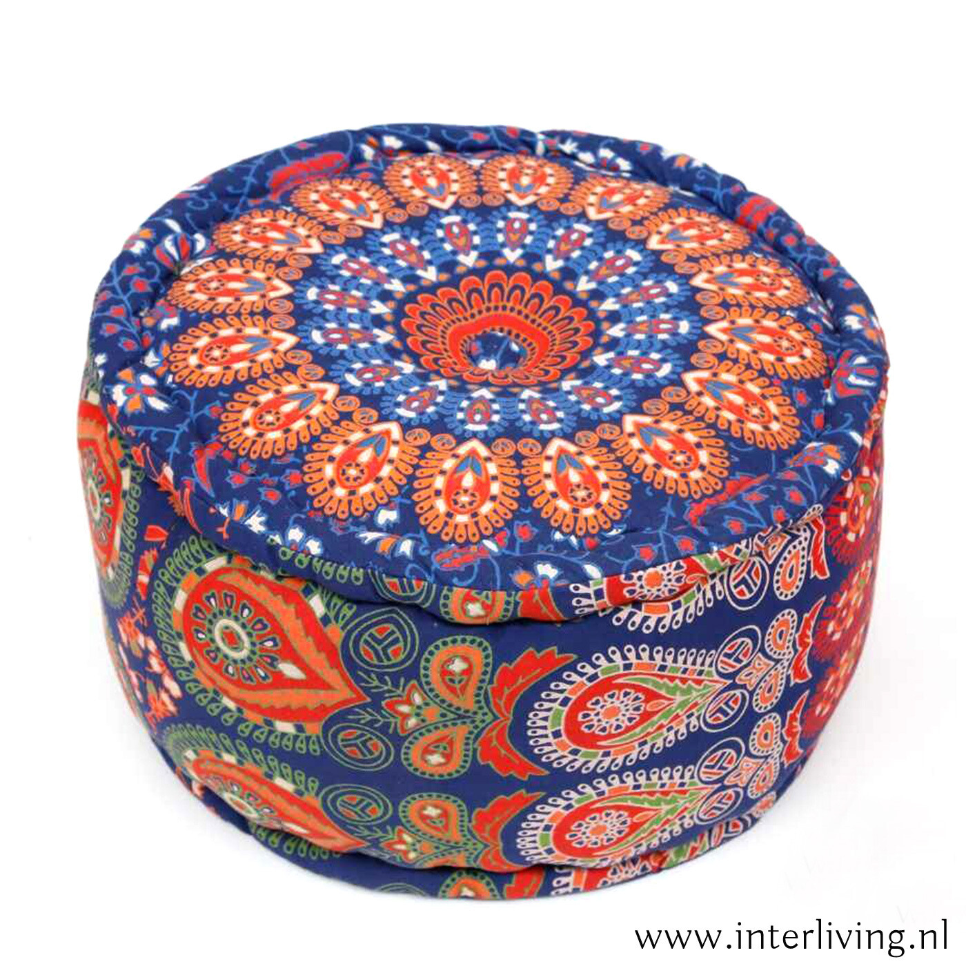 Bohemian poef mandala blauw - rond stevig hoog zitkussen / bijzet bankje