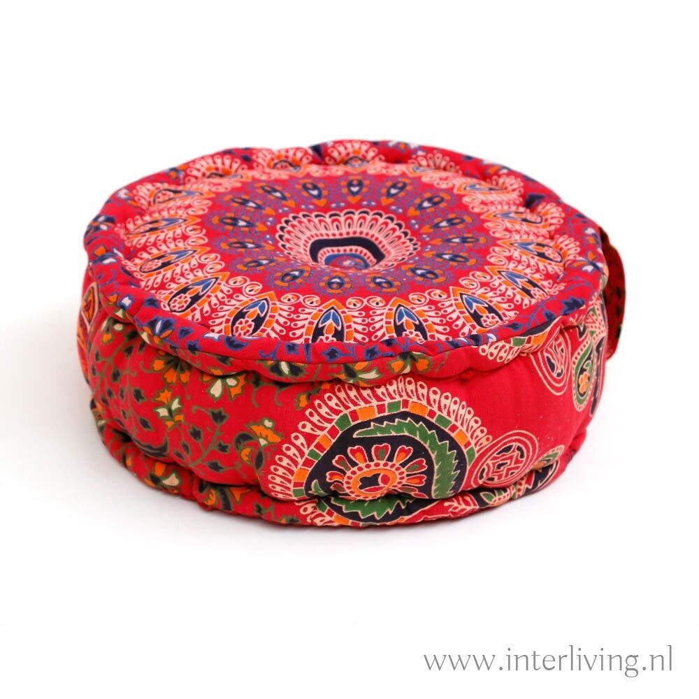 yoga poef mandala rood - rond meditatiekussen