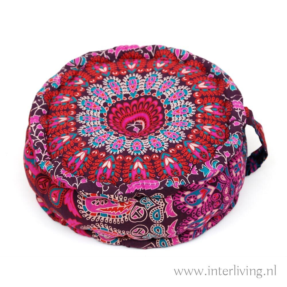 yoga poef mandala paars - rond meditatiekussen