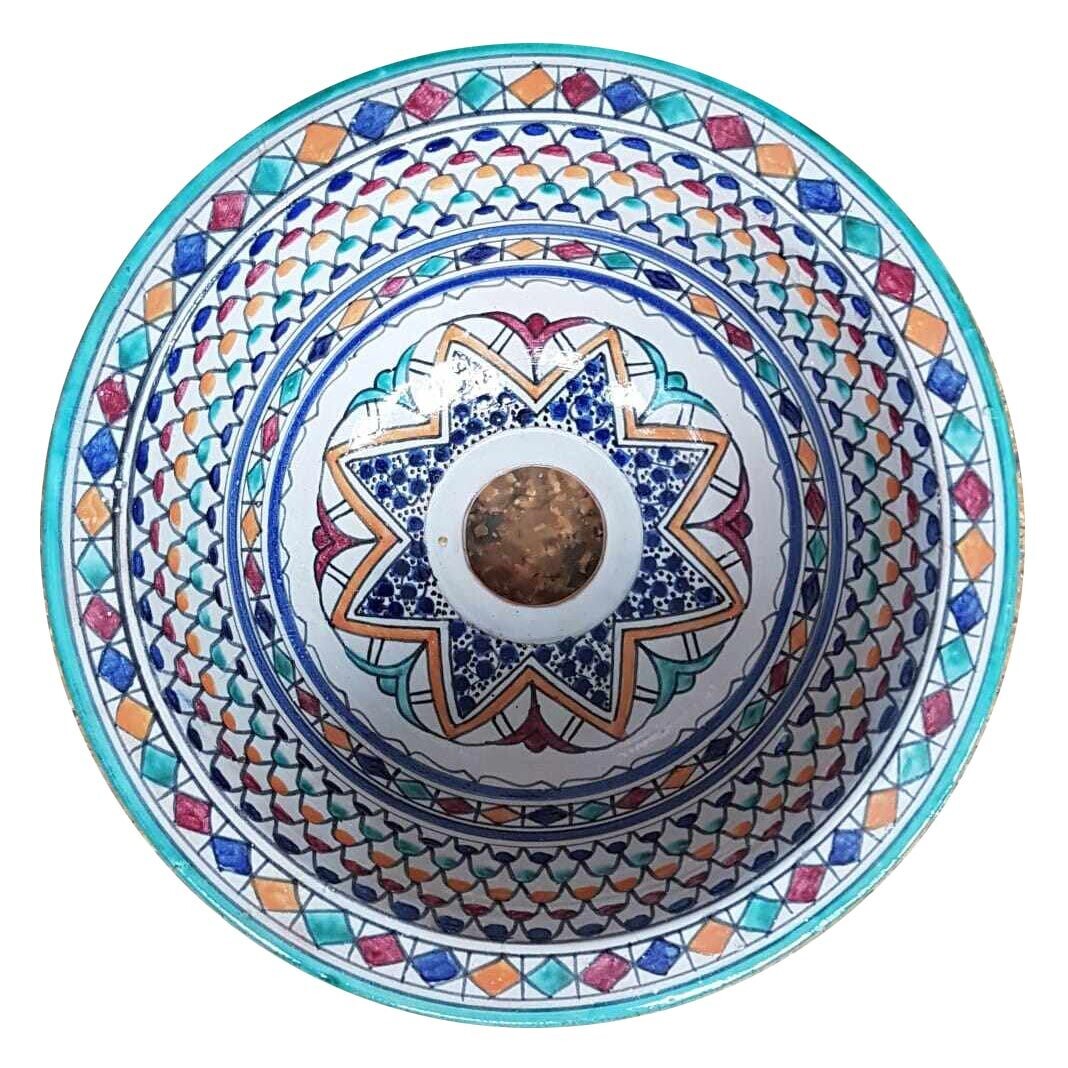 Marokkaanse waskom "Essaouria" - S35 - aardewerk (opbouw) wasbak uit Fez - Ø 25 cm met gekleurde patronen