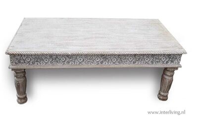 salontafel - boho chic - vintage wash mango hout met prachtig lotus houtsnijwerk - 120*60*38